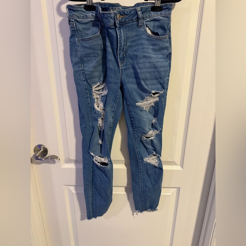 American Eagle Outfitters Ripped Blue Ankle Jeans